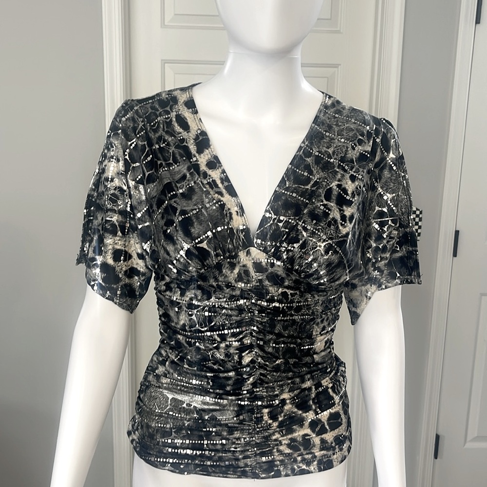 NWOT Lipstick Animal Print Ruched V-neck Silver Metallic Butterfly Sleeve Top-S